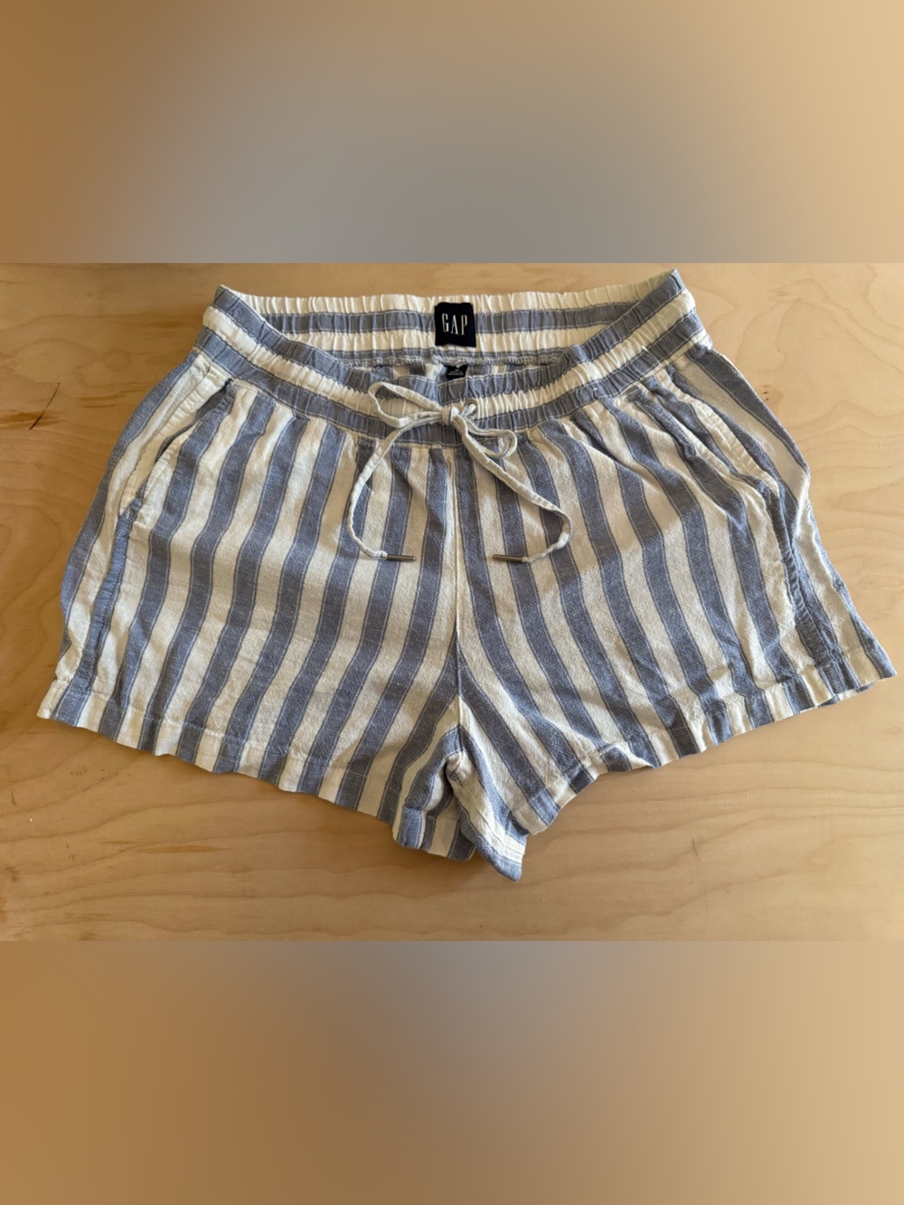 GAP Blue and White Linen Striped High Waist Drawstring Shorts